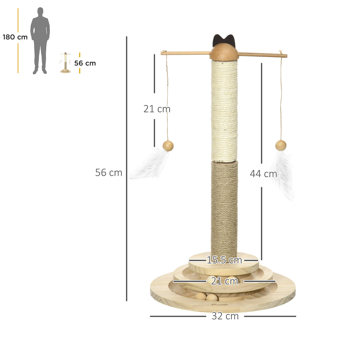 Cat Tree, with Scratching Post, Turntable Toy Ball - Natural Finish