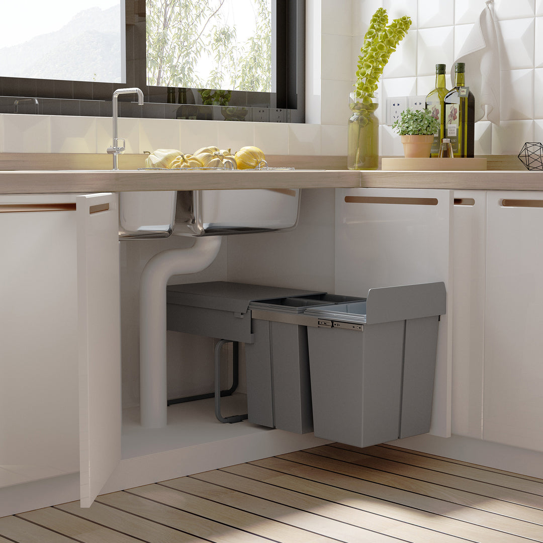MCL Kitchen Recycle Waste Bin Pull Out Soft Close Dustbin Recycling Cabinet Trash Can Grey (40L (1x20L+2x10L))