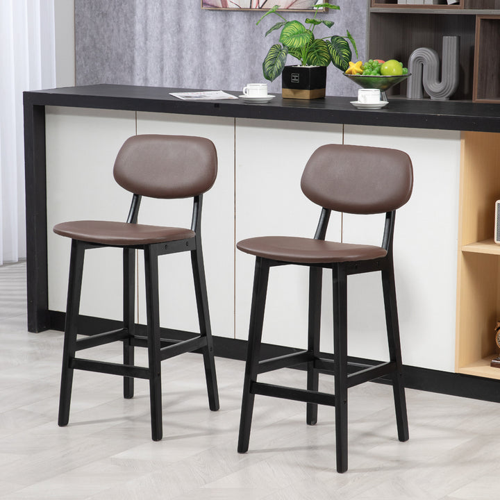 HOMCOM Bar Stools Set of 2, Modern Breakfast Bar Chairs, Faux Leather Upholstered Kitchen Stools with Backs and Wood Legs, Brown | Aosom UK