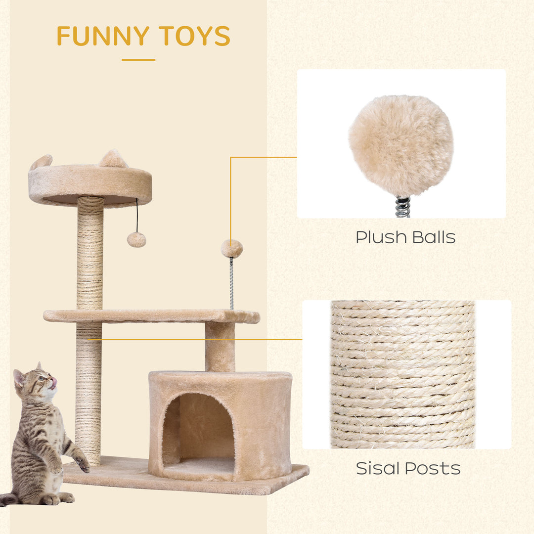 PawHut Cat Scratching Post, 3-Tier Sisal Rope with Playful Toys, Sturdy and Entertaining, Beige | Aosom UK