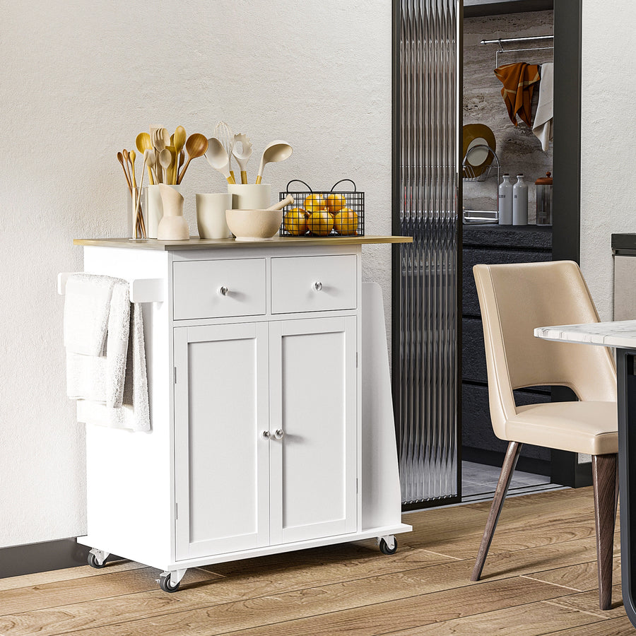 Kitchen Island on Wheels, Mobile Storage Trolley, Rolling Kitchen Cart with Rubber Wood Top, 2-Door Cabinets, 2 Drawers, Adjustable Shelf, 3-Tier Spice Rack, Drawers
