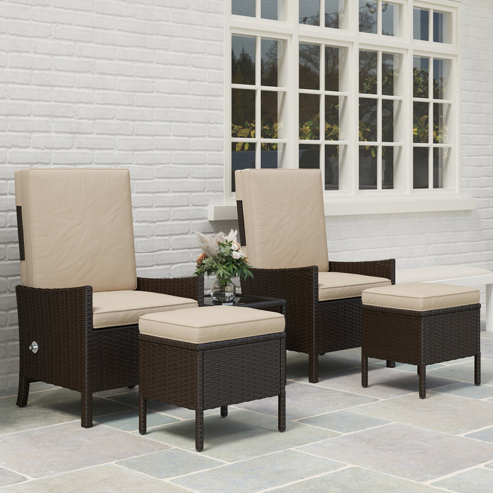 5 Piece Rattan Garden Furniture Set, Wicker Patio Sofa Set with 2 Armchairs, 2 Footstools, Glass Top Coffee Table with Shelf, Outdoor Furniture with Adjustable Backrests, Cushions, Khaki