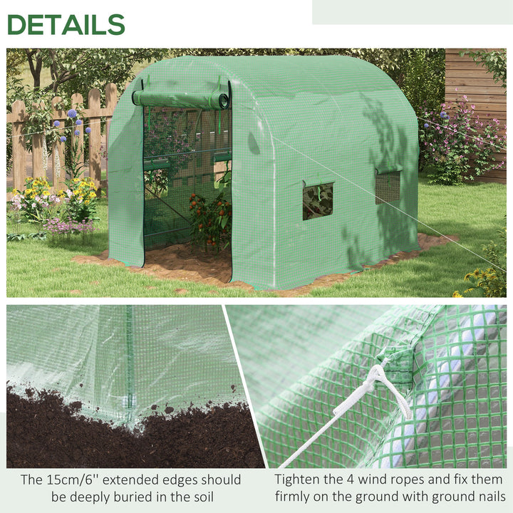 Walk-In Garden Polytunnel Greenhouse with Steel Frame, PE Cover, Roll-Up Door and 4 Windows, 2.5 x 2m, Green