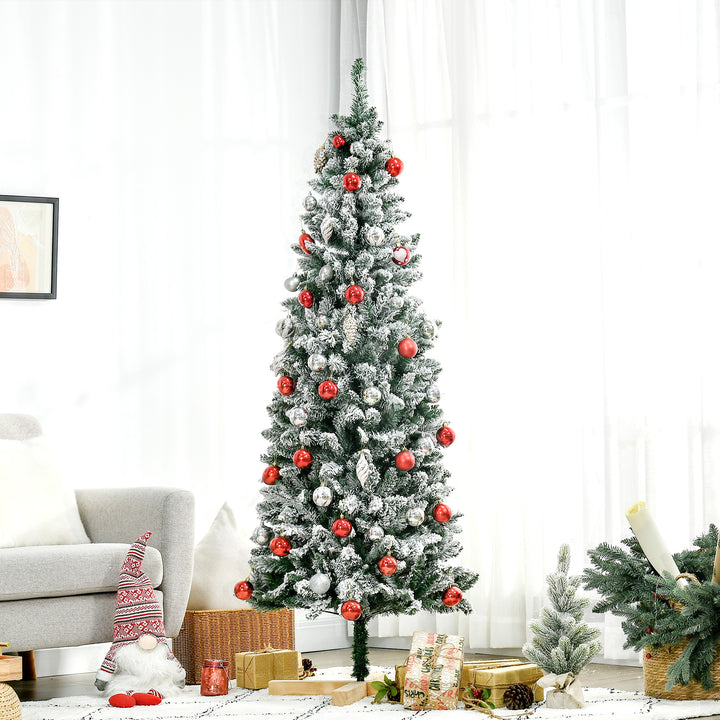 6 Ft Snow Flocked Artificial Christmas Tree, Xmas Pencil Tree with Realistic Branches, Auto Open, Pinewood Base, Green