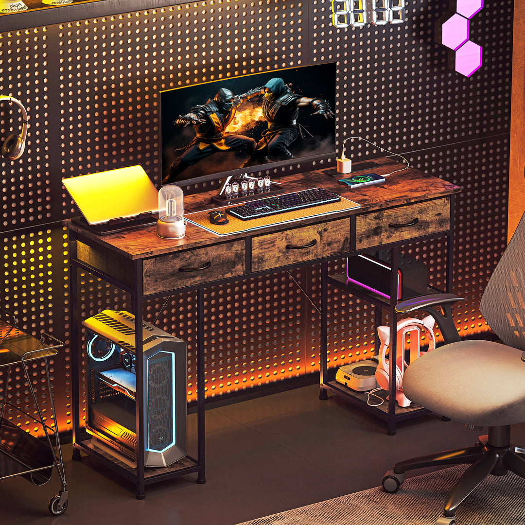 120cm Computer Desk with Power Outlets, Office Desk Study Table with Fabric Drawers and Storage Shelves, Rustic Brown