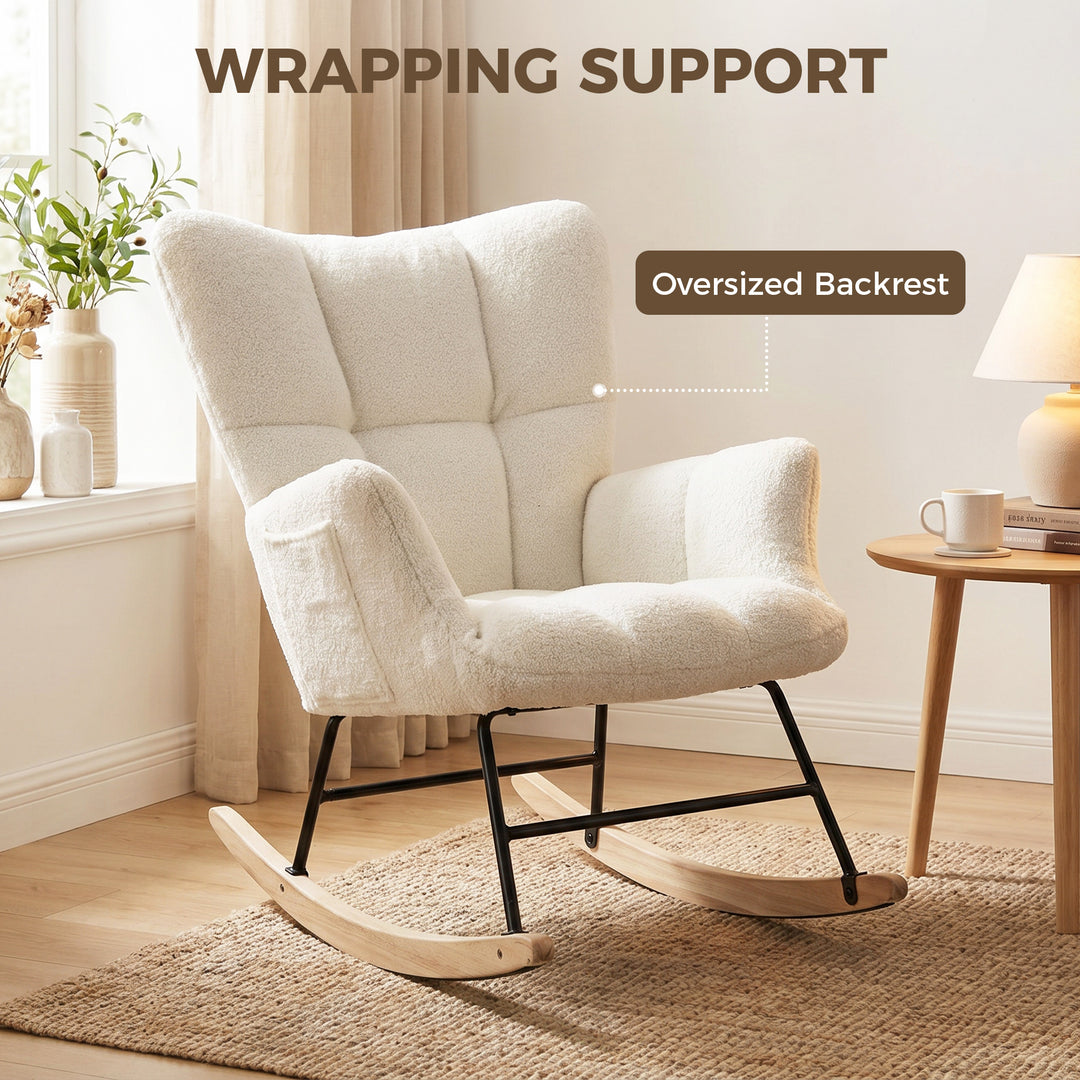 Rocking Chair, Teddy Fleece Rocker Chair with Tufted Wingback, Side Po
