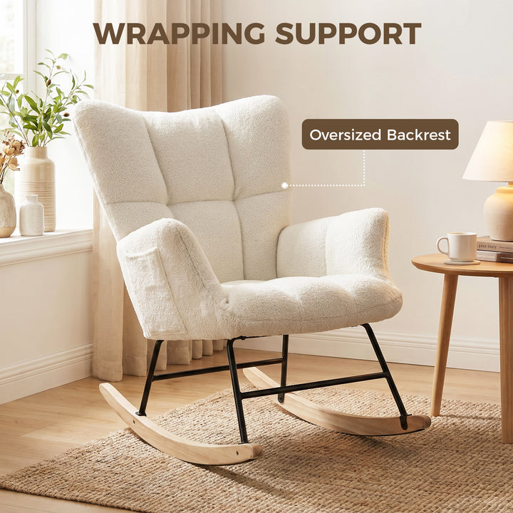 Rocking Chair, Teddy Fleece Rocker Chair with Tufted Wingback, Side Po