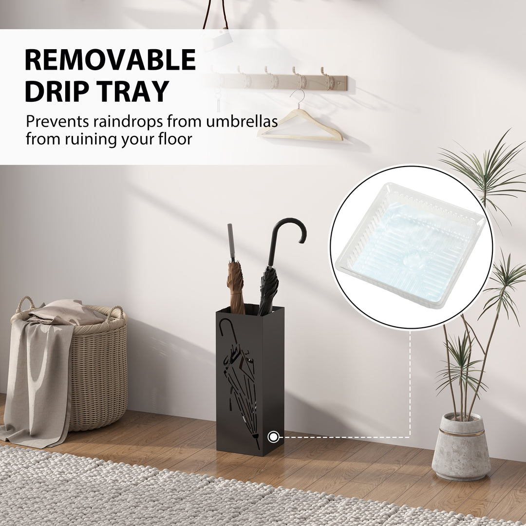 Metal Umbrella Stand, Square Umbrella Holder with 4 Hooks and Removable Drip Tray, Decorative Umbrella Storage Rack for Entryway, Hallway, 15.5 x 15.5 x 41 cm, Black