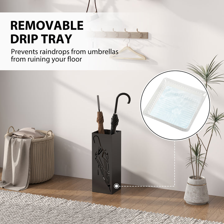 Metal Umbrella Stand, Square Umbrella Holder with 4 Hooks and Removable Drip Tray, Decorative Umbrella Storage Rack for Entryway, Hallway, 15.5 x 15.5 x 41 cm, Black
