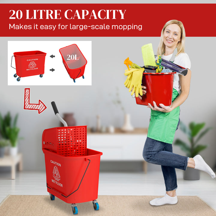 20L Compact Mop Bucket on Wheels, with Water Separation Panel - Red