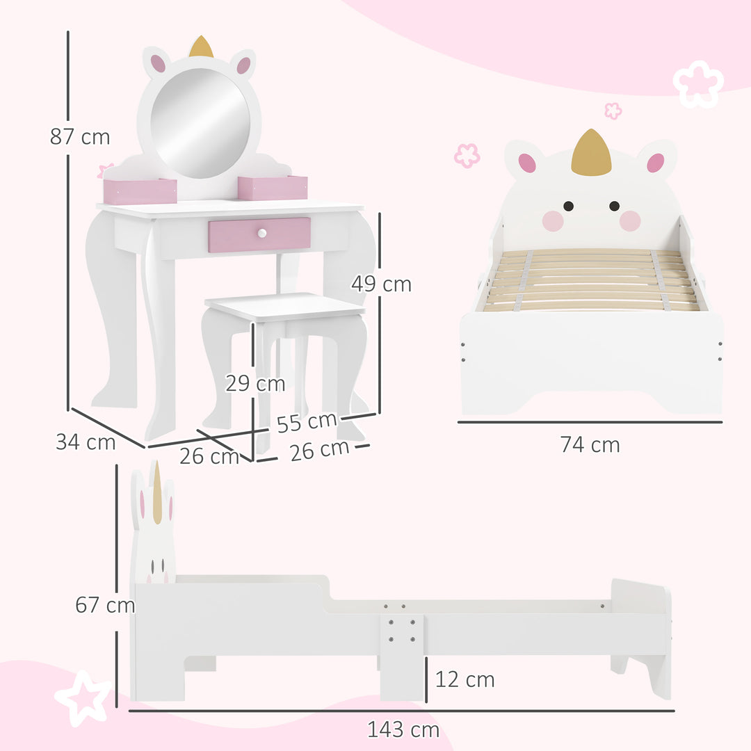 ZONEKIZ Unicorn Themed Children's Bedroom Set with Dressing Table, Mirror, Stool, and Toddler Bed Frame, 3-6 Years, Multicolour | Aosom UK