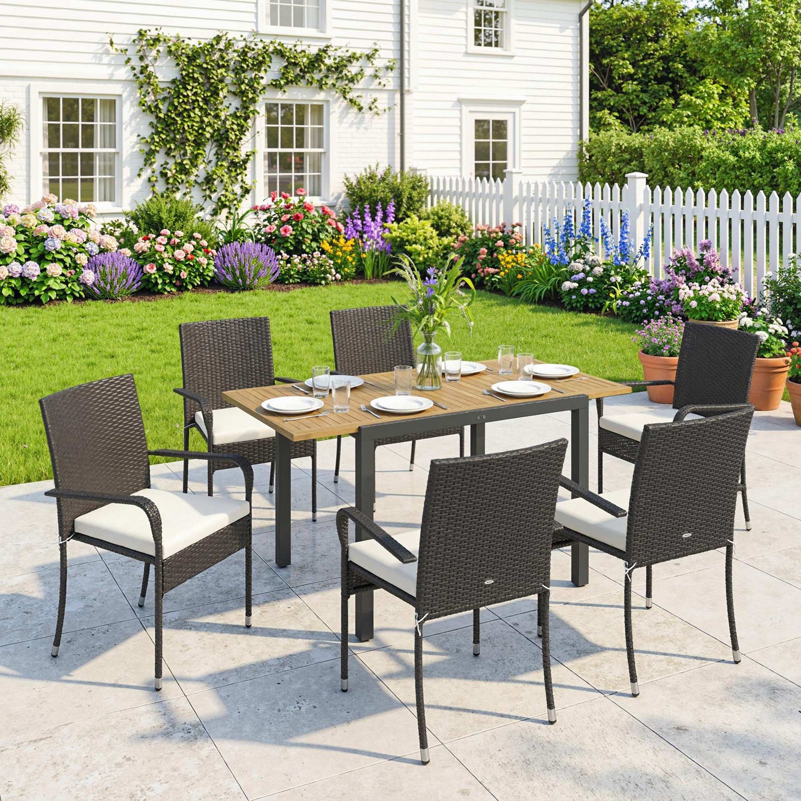 7 Piece Rattan Garden Furniture Set, 6 Seater Garden Table and 6 Stack
