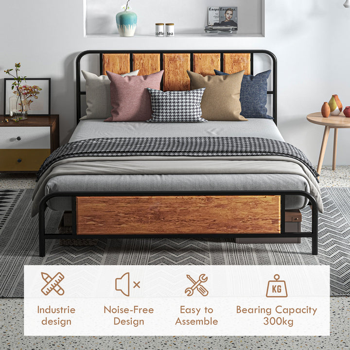 5.2ft King Bed Frame with Industrial Wood Headboard, Steel Slat Support and 31cm Underbed Storage Space, 160 x 207cm, Rustic Brown