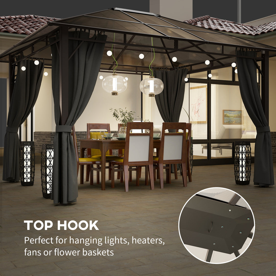 3 x 3.6m Hardtop Gazebo Canopy with Polycarbonate Roof Garden Pavilion with Removable Curtains and Steel Frame, Dark Grey