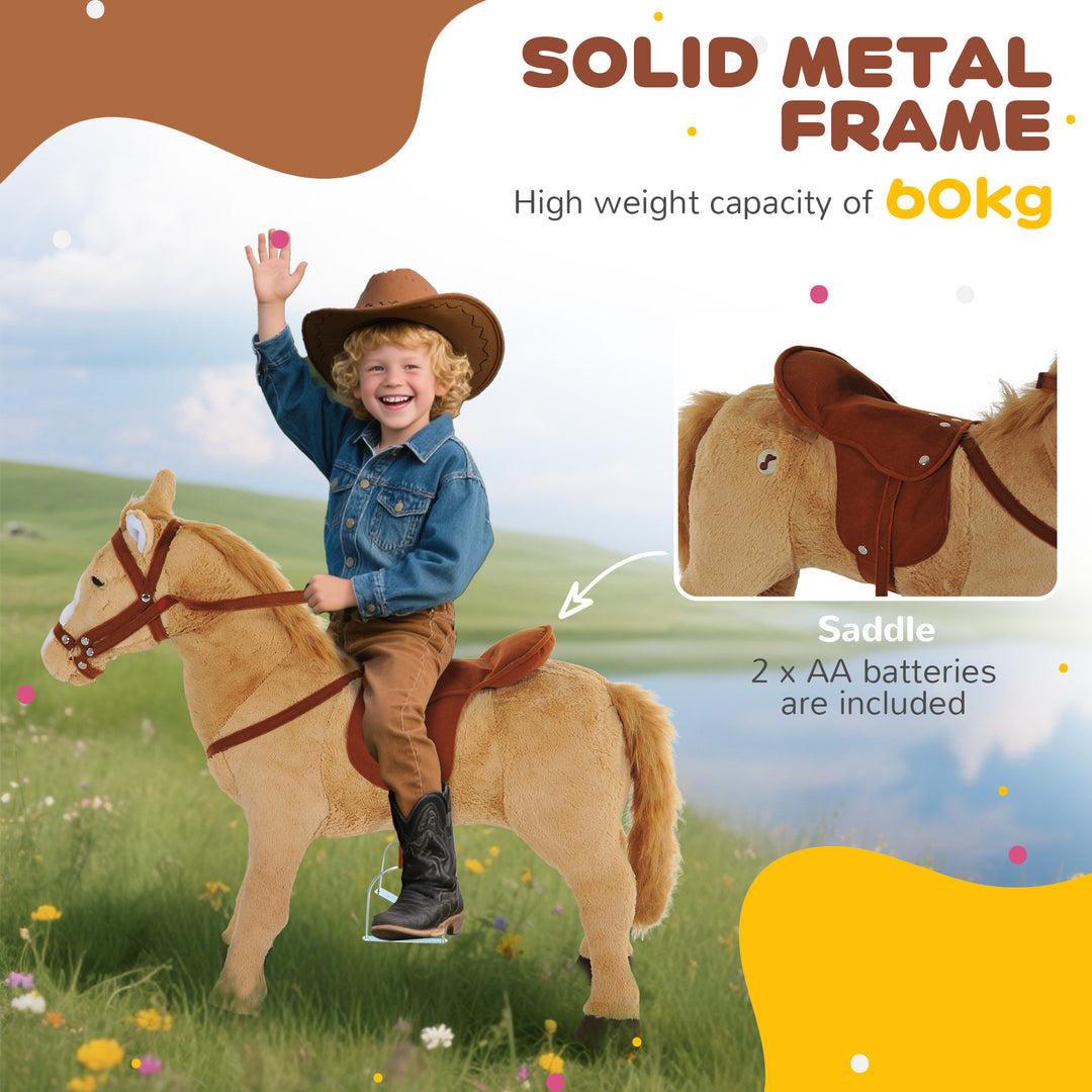 Kids Ride On Standing Horse Cuddly Toy Children Plush Soft Pony Gift w/ Neigh Sound or 2 Years and Up Beige