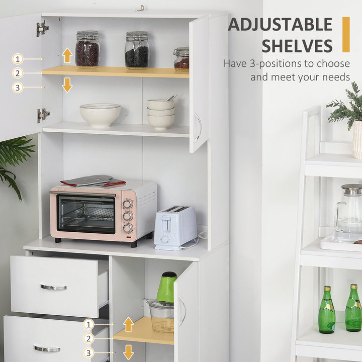 Free standing Kitchen Cupboard, Storage Cabinet with Doors and Sheleves, 3 drawers and Open Space, Adjustable Height Storage Unit, White