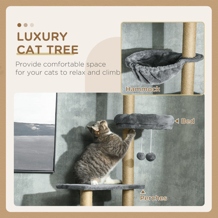 PawHut Floor to Ceiling Cat Tree, 6-Tier Climbing Activity Centre with Scratching Post, Hammock, Adjustable Height 230-250cm, Grey | Aosom UK