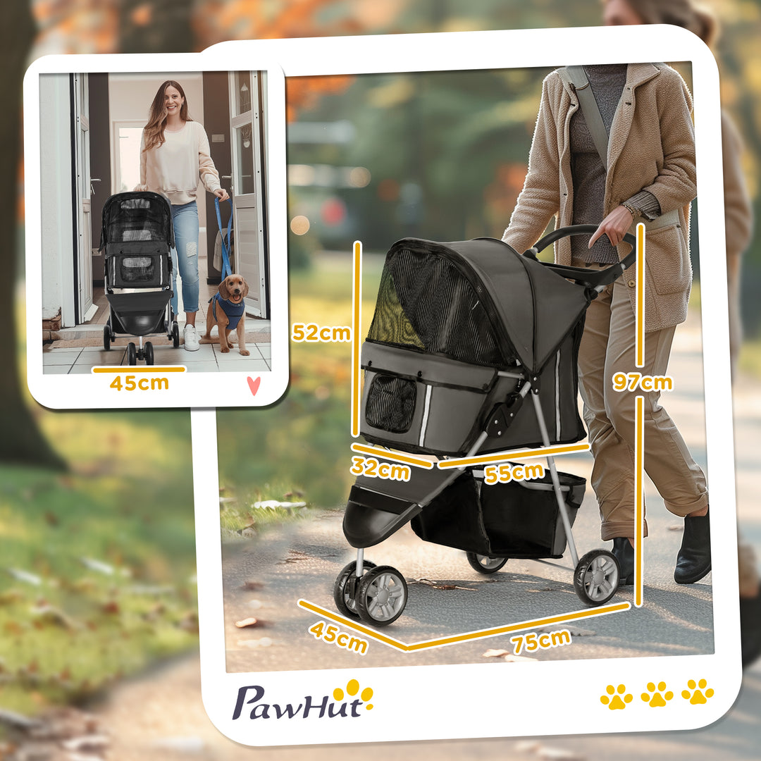 PawHut 3 Wheel Pet Stroller for Small and Miniature Dogs, Charcoal Grey | Aosom UK