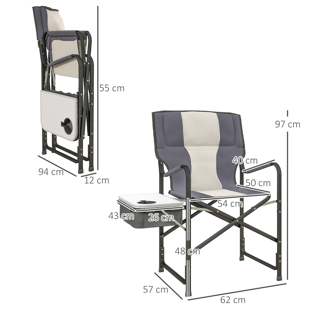 Outsunny Aluminium Folding Director's Chair, Portable Outdoor Chair with Side Table, Cup Holder, Cooler Bag, Grey