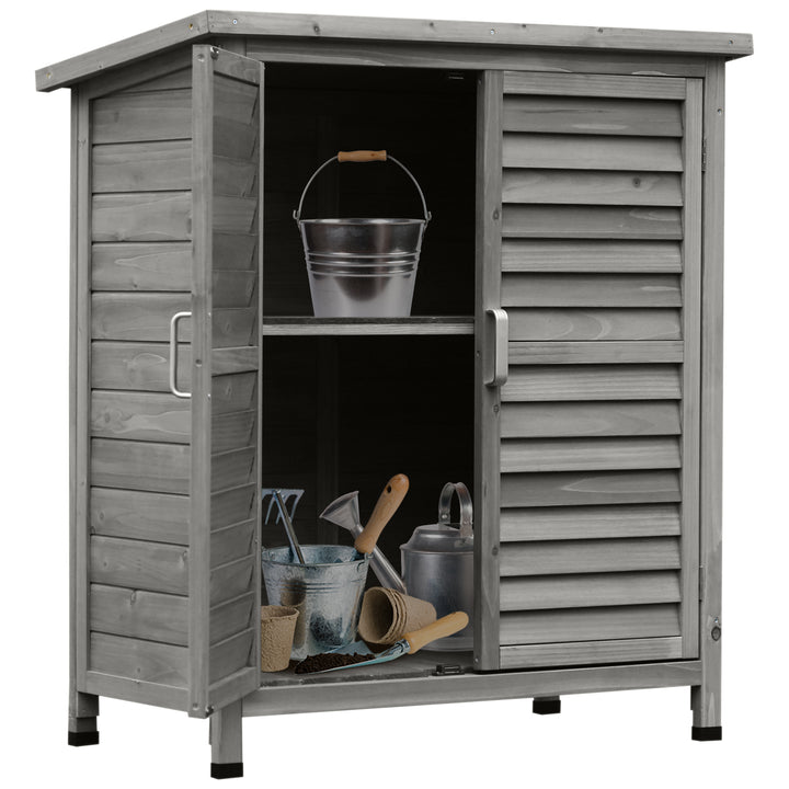 Outsunny Garden Shed Wooden Garden Storage Shed 2 Door Unit Solid Fir Wood Garage Tool Organisation Cabinet, 87L x 46.5W x 96.5Hcm, Grey | Aosom UK