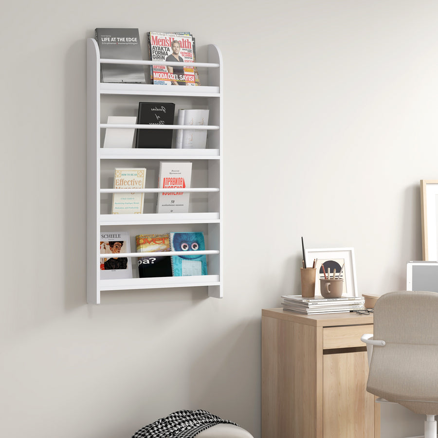 Bookcase, 4 Tier Wall Mounted Bookshelf, 15cm Depth Storage Shelving Rack for Bedroom Nursery Office Home, Accessories Supplies, White