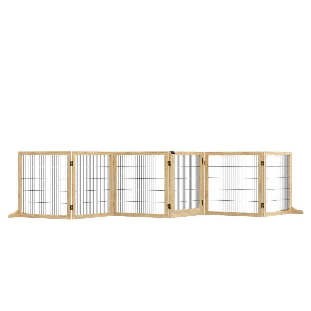 Wooden Pet Gate, Freestanding Dog Safety Barrier with Two Support Feet - Natural Tone