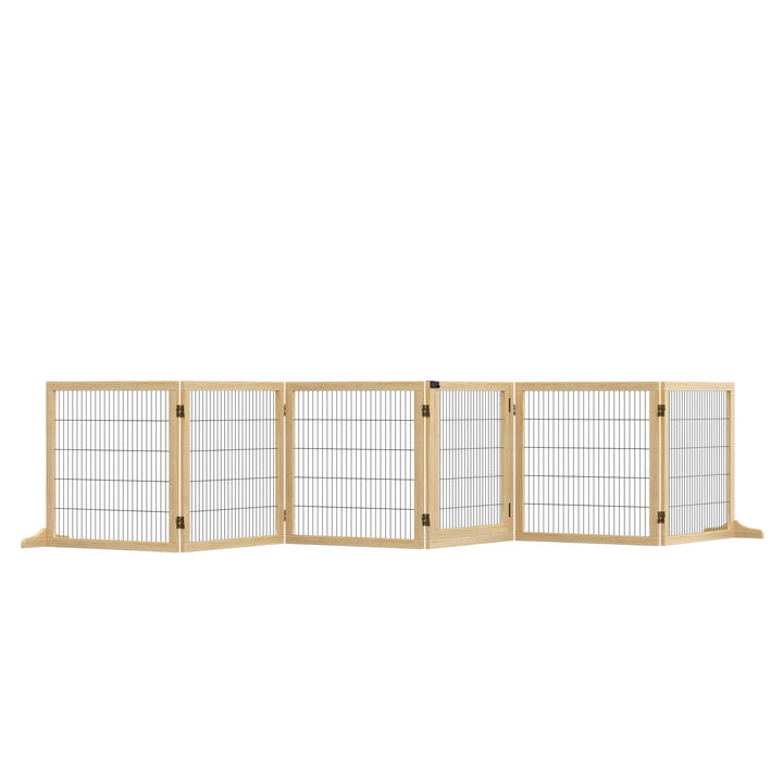 Wooden Pet Gate, Freestanding Dog Safety Barrier with Two Support Feet - Natural Tone