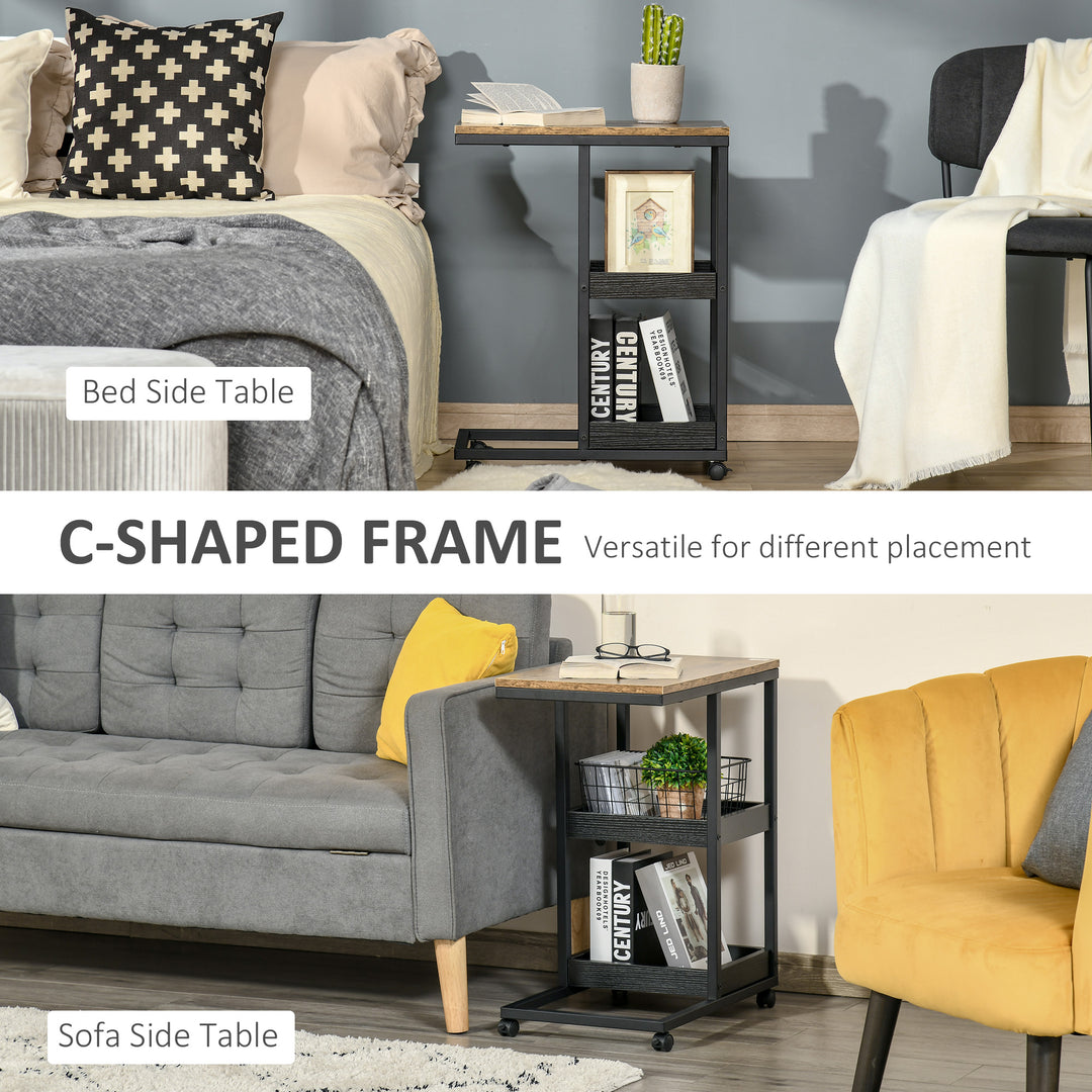 Industrial Mobile Sofa Side Table C-Shaped Rolling Couch Table with 3-Tier Storage Shelving Four Lockable Wheels Steel Frame - Brown