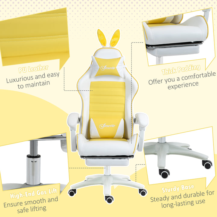 Reclining Racing Gaming Chair with Headrest and Lumber Support, PU Leather Computer Chair with Removable Rabbit Ears, Footrest, Yellow