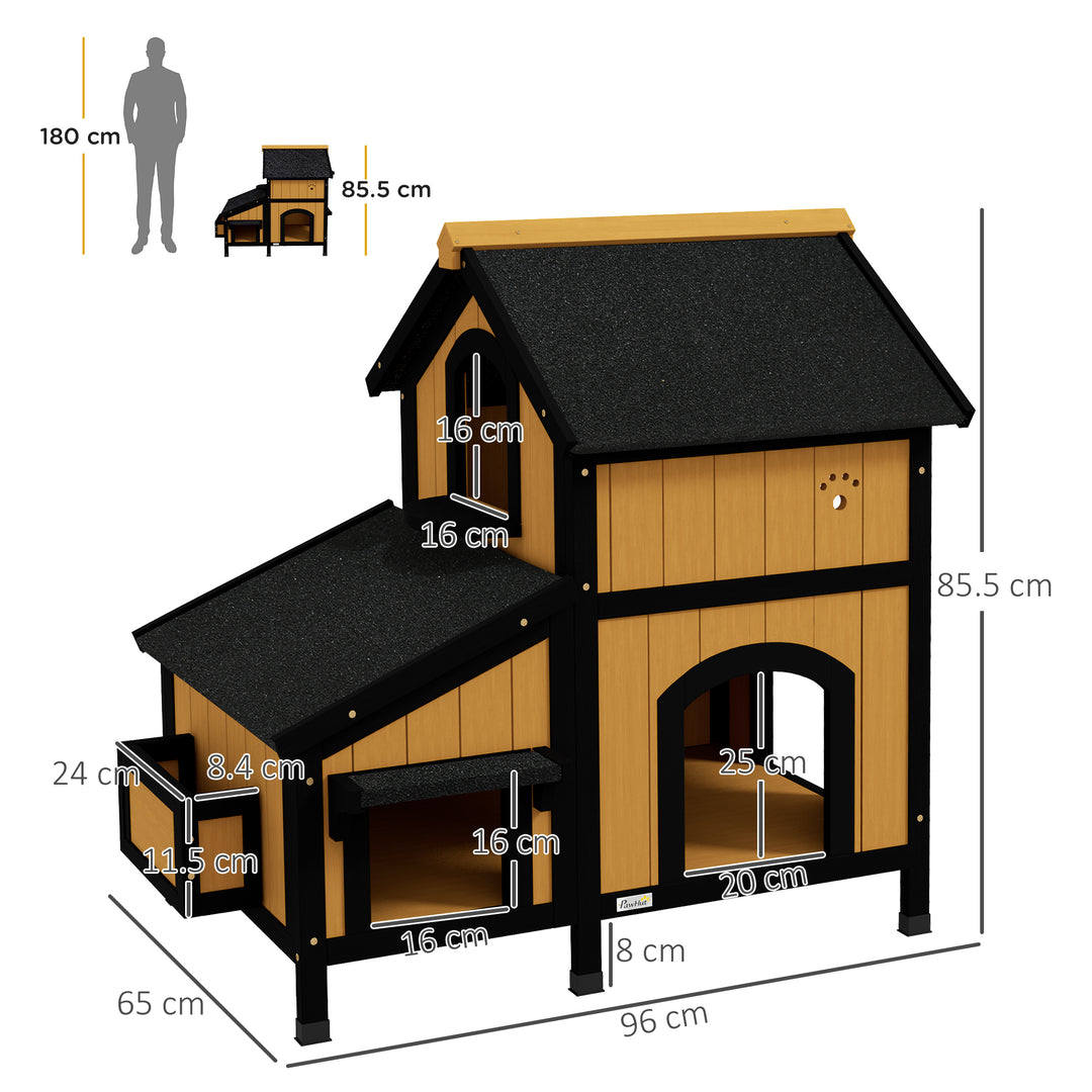 Wooden Cat House with Flower Pot, Windows, Multiple Entrances, Water-Resistant Roof for Outdoor - Yellow