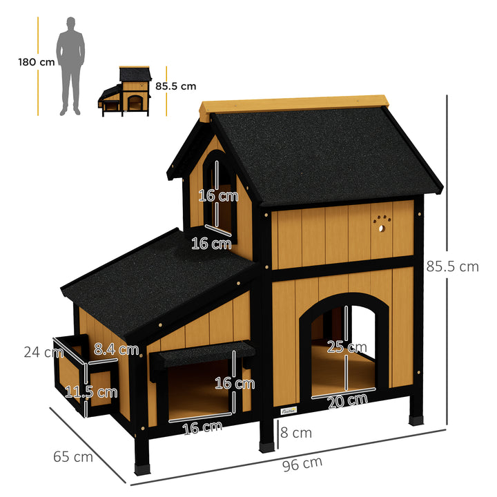 Wooden Cat House with Flower Pot, Windows, Multiple Entrances, Water-Resistant Roof for Outdoor - Yellow