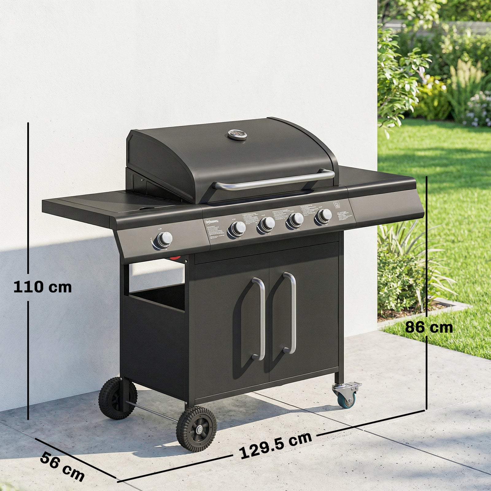 4+1 Burner Gas BBQ Grill with Storage Cabinet, 15.2 kW Gas Barbecue Tr