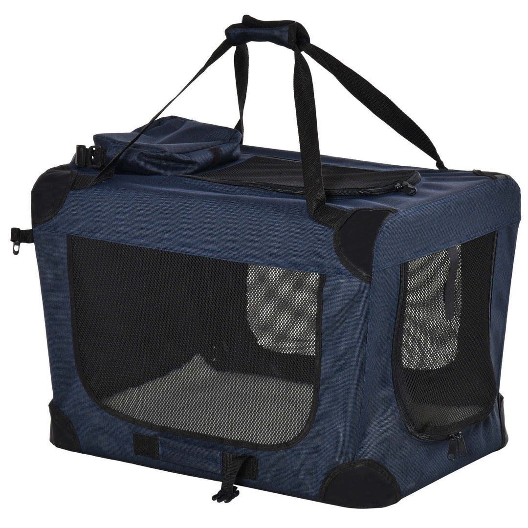 MCL Foldable Pet Carrier for Small and Miniature Dogs, Portable Cat Carrier Soft Side Pet Travel Crate with Removable Mat, Storage Bags, Breathable Mesh 60 x 41.5 x 41cm - Dark Blue