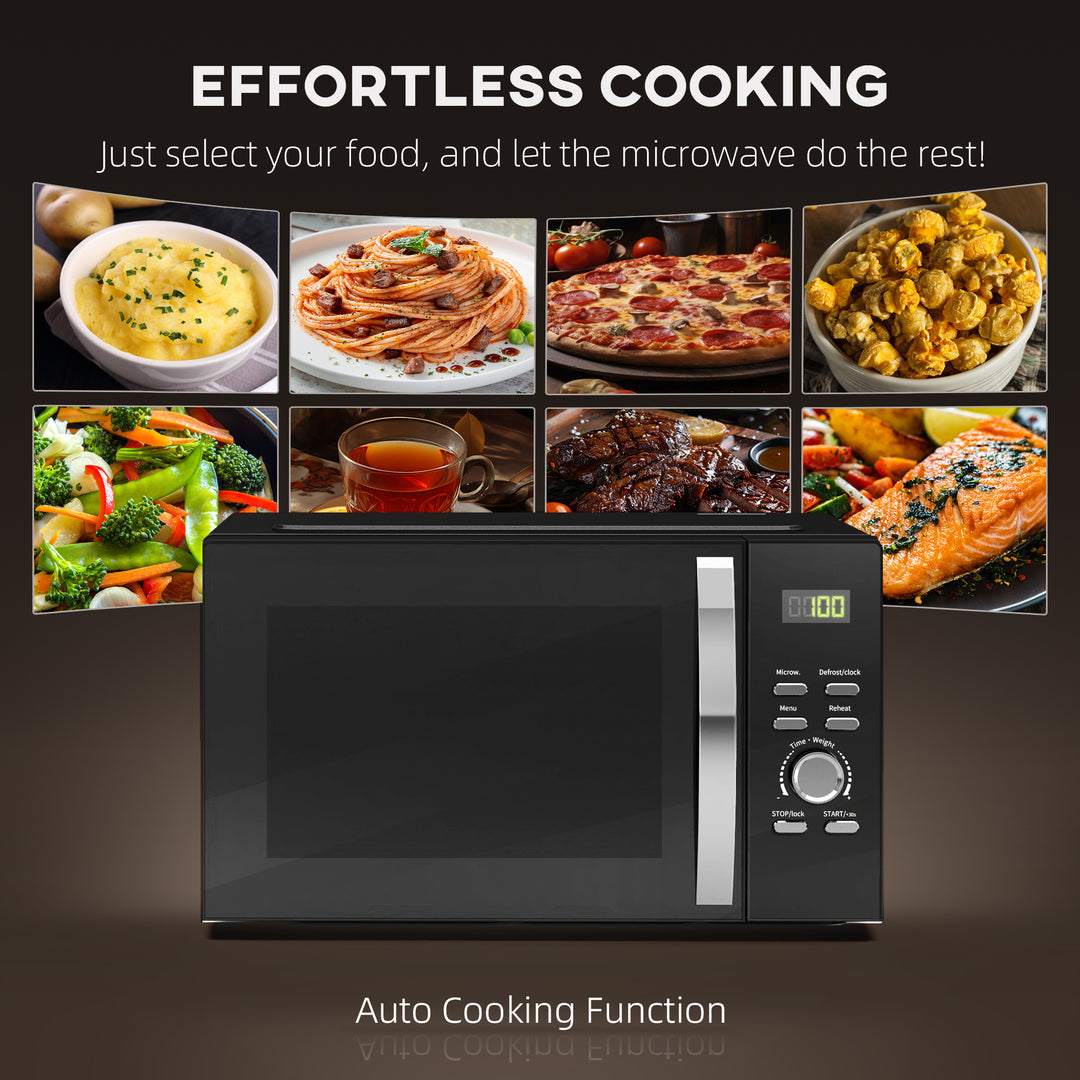 23L 800W Microwave Oven, Digital Solo Microwave with 5 Power Levels, Automatic Defrost, 8 Auto Cook Menus, 60 Minutes Timer, Clock, Easy Clean, Small Black Microwave