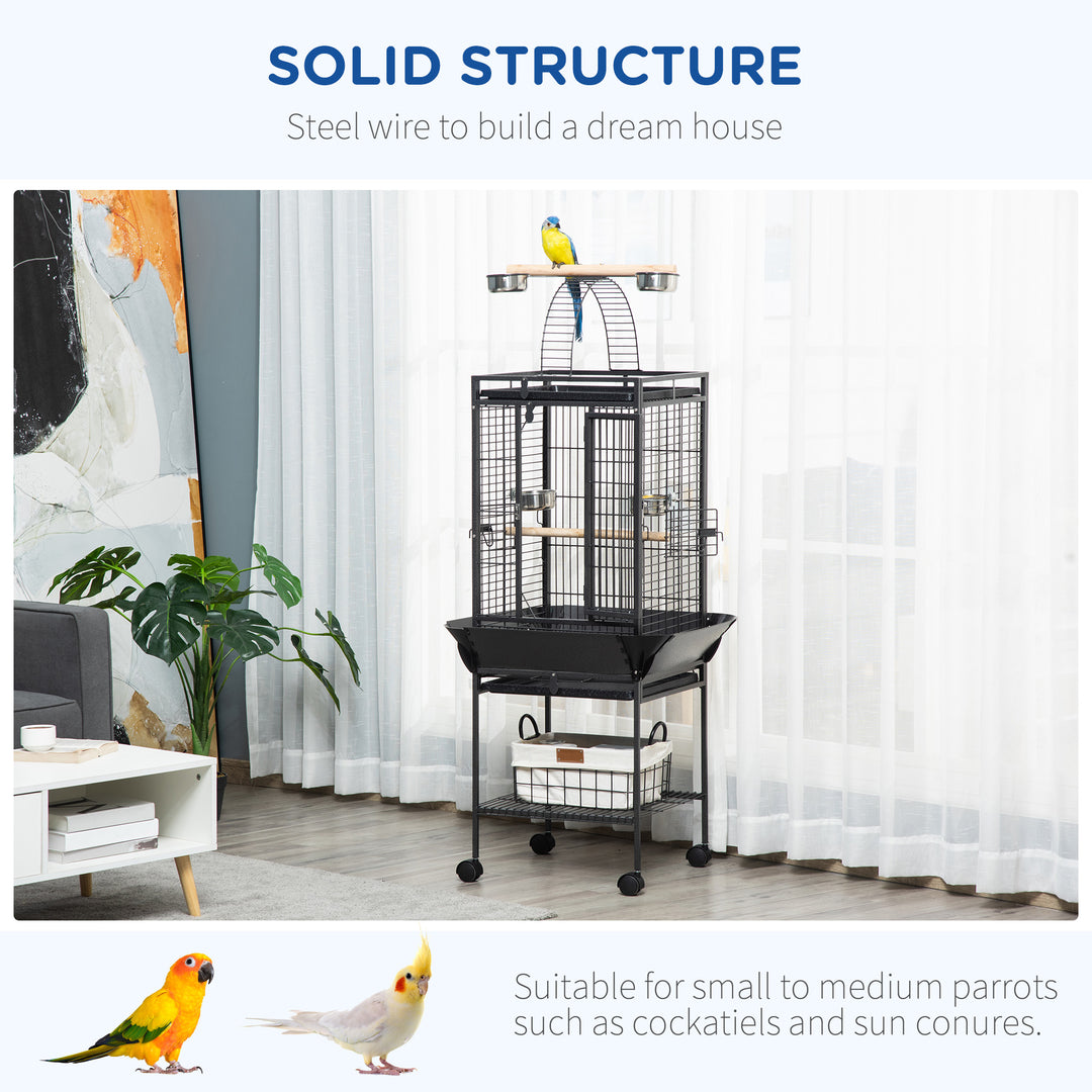 156cm Bird Cage,Large Parrot Cage with Open Play Top, Perch, Seed Guard, Wheels, Storage Shelf, Dark