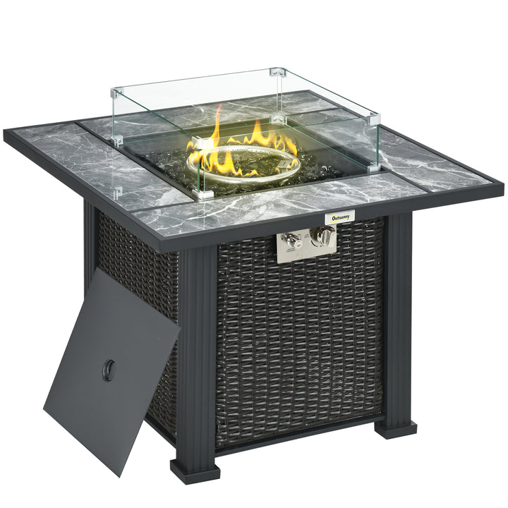 Outsunny Rattan Fire Pit Table: Patio Propane Heater with Marble Top, Rain Cover & Windscreen, Cosy Outdoor Centrepiece, Black | Aosom UK