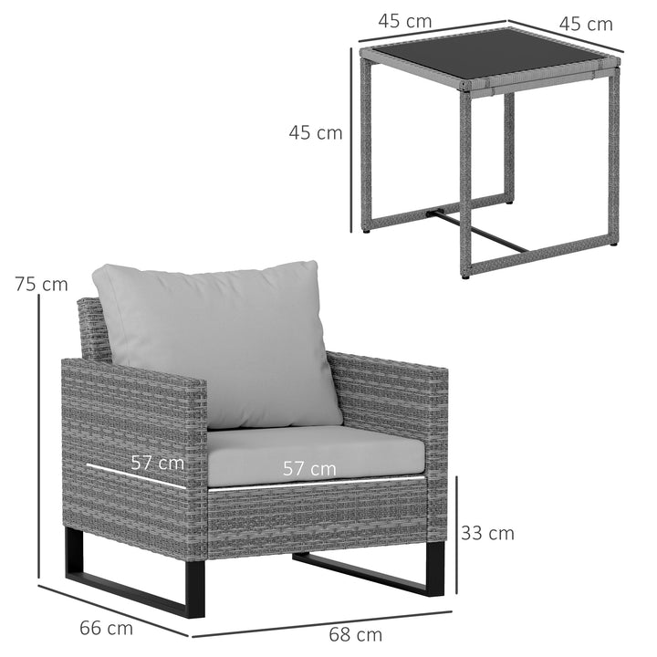 3 Pieces Rattan Bistro Set with 4 Cushions, Wicker Garden Furniture Set, Glass Top Coffee Table and Chairs for Outdoor Patio, Balcony, Terrace and Conservatory, Grey