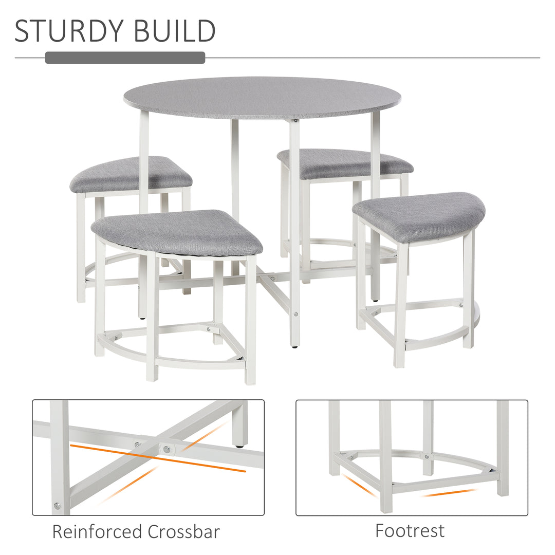 Modern Round Dining Table Set with 4 Upholstered Stools for Dining Room, Kitchen, Grey