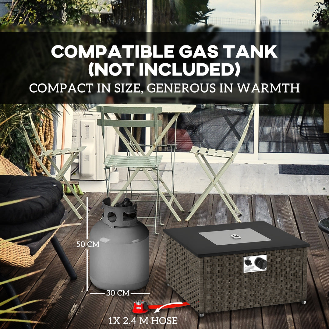 Rattan Gas Fire Pit Table for Garden, 13 KW Smokeless Propane Fire Pit with Lid, Square Garden Coffee Table with Patio Heater for Outdoor, Patio, 58 x 58 x 33 cm, Grey