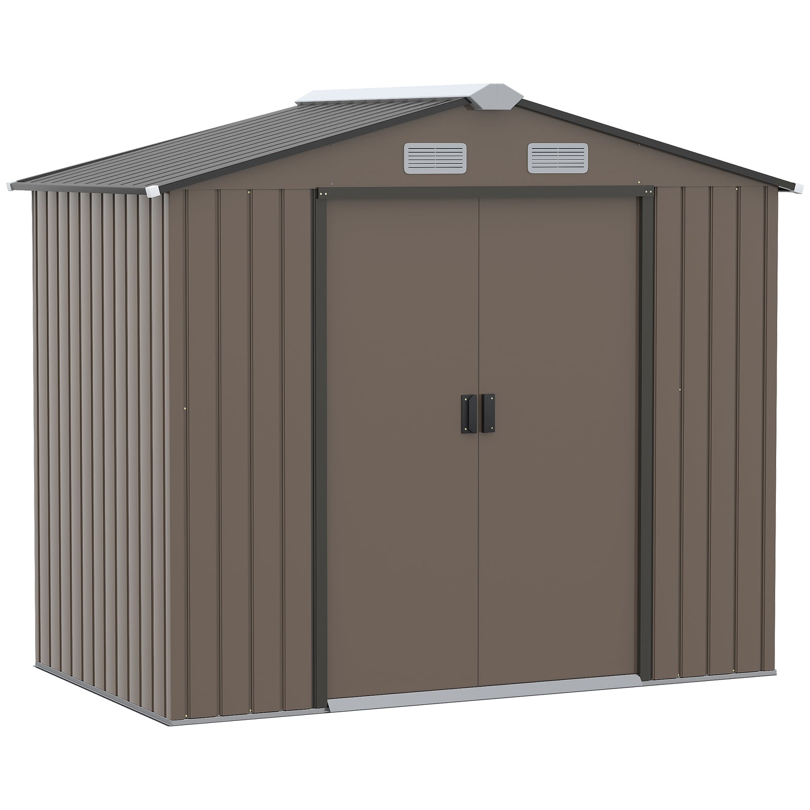 7 x 4ft Metal Garden Shed, Outdoor Storage Tool House with Ventilation Slots, Foundation Kit and Lockable Double Doors, Brown