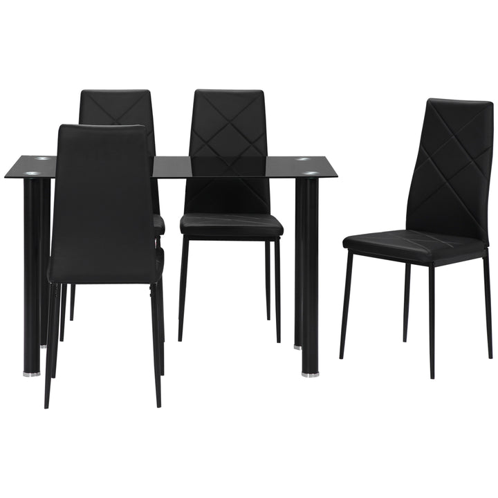 HOMCOM Dining Table and Chairs Set, 4 Seater Modern Dining Set with Glass Tabletop Foam Pads, and Steel Frame, Black | Aosom UK