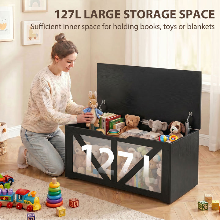 127L Home Storage Box, with Safety Hinges - Black Wood-Effect