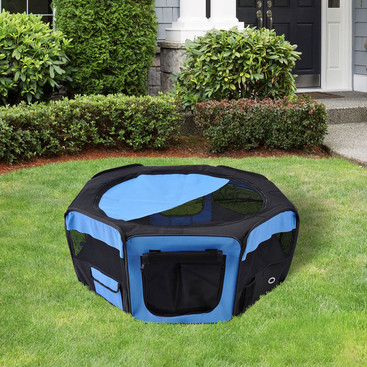 PawHut Fabric Pet Playpen: 8-Panel Foldable Mesh Enclosure for Outdoor Use, Dia 90 x 41H cm, Blue | Aosom UK