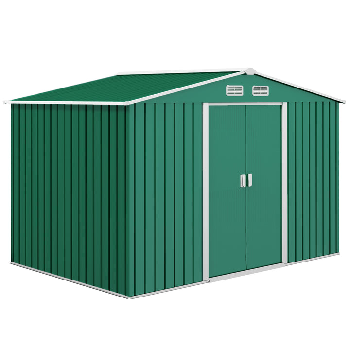 Outsunny Lockable Garden Shed Large Patio Tool Metal Storage Building Foundation Sheds Box Outdoor Furniture (9 x 6 FT, Green) | Aosom UK