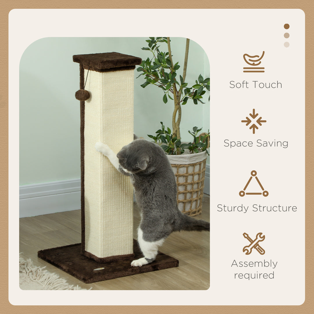 81cm Cat Scratcher, Vertical Full Scratcher w/ Natural Sisal Rope, Hanging Ball, Soft Plush - Brown