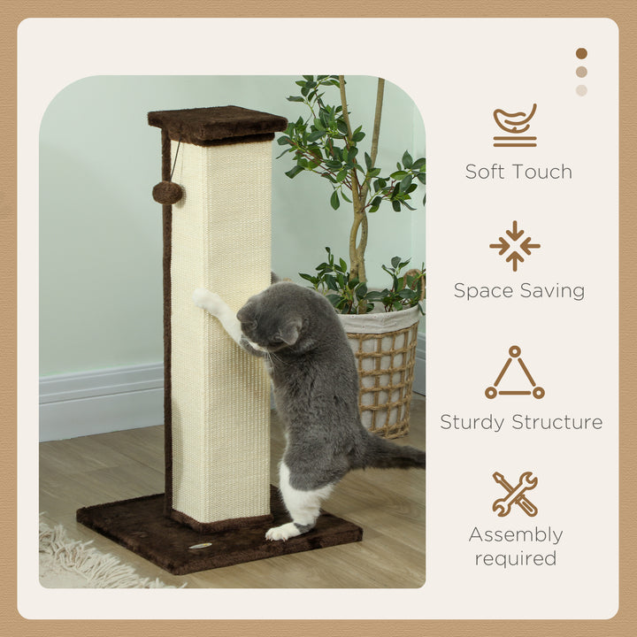 81cm Cat Scratcher, Vertical Full Scratcher w/ Natural Sisal Rope, Hanging Ball, Soft Plush - Brown