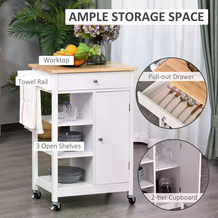 HOMCOM Kitchen Storage Trolley Unit w/ Wood Top 3 Shelves Cupboard Drawer Rail 4 Wheels Handles Moving Shelf Handy Spacesaver White | Aosom UK