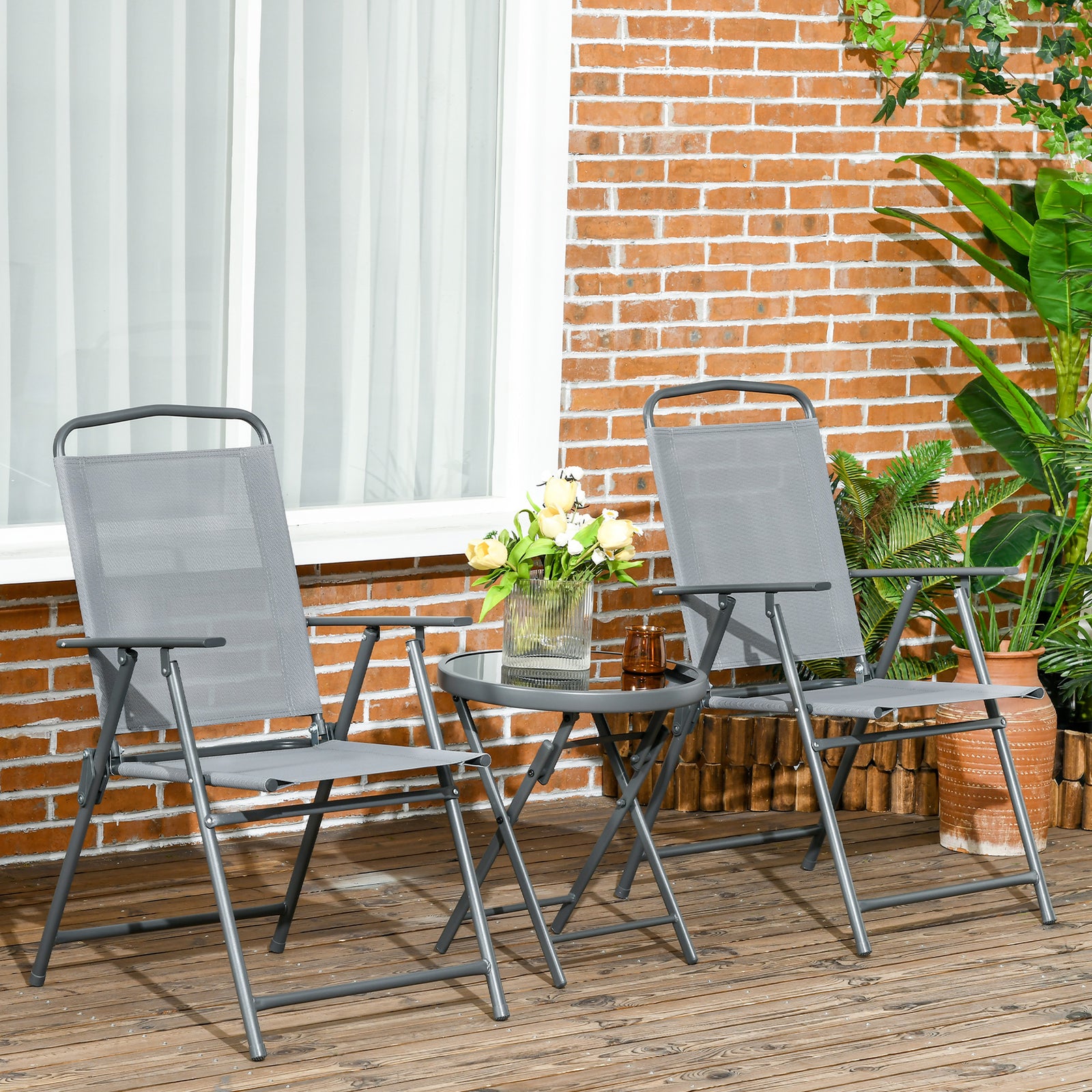 Three-Piece Garden Seat Set, with Glass-Top Table - Light Grey