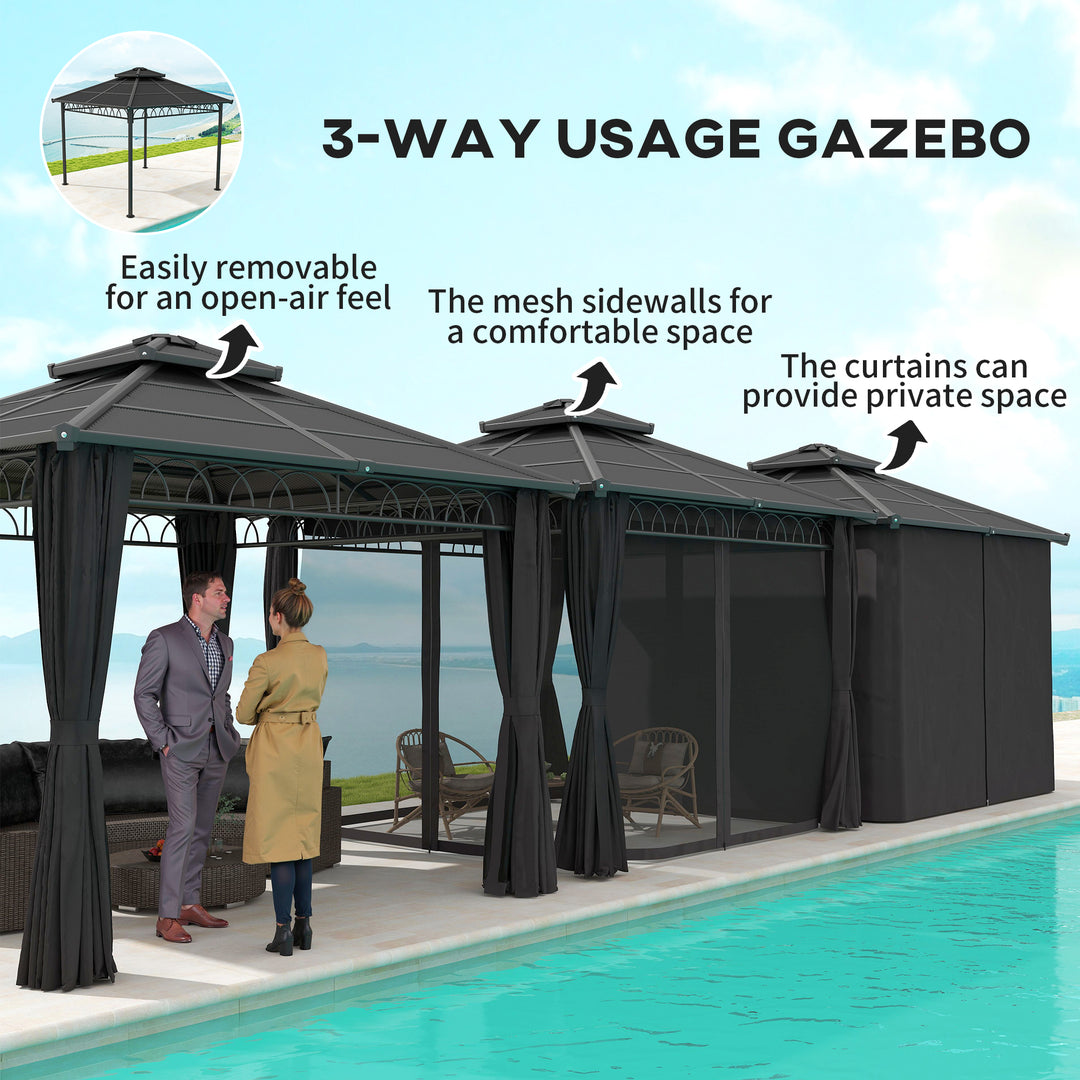 3 x 3 (m) Outdoor Polycarbonate Gazebo, Double Roof Hard Top Gazebo with Galvanised Steel Frame, Nettings & Curtains for Garden, Lawn, Patio and Deck, Dark Grey