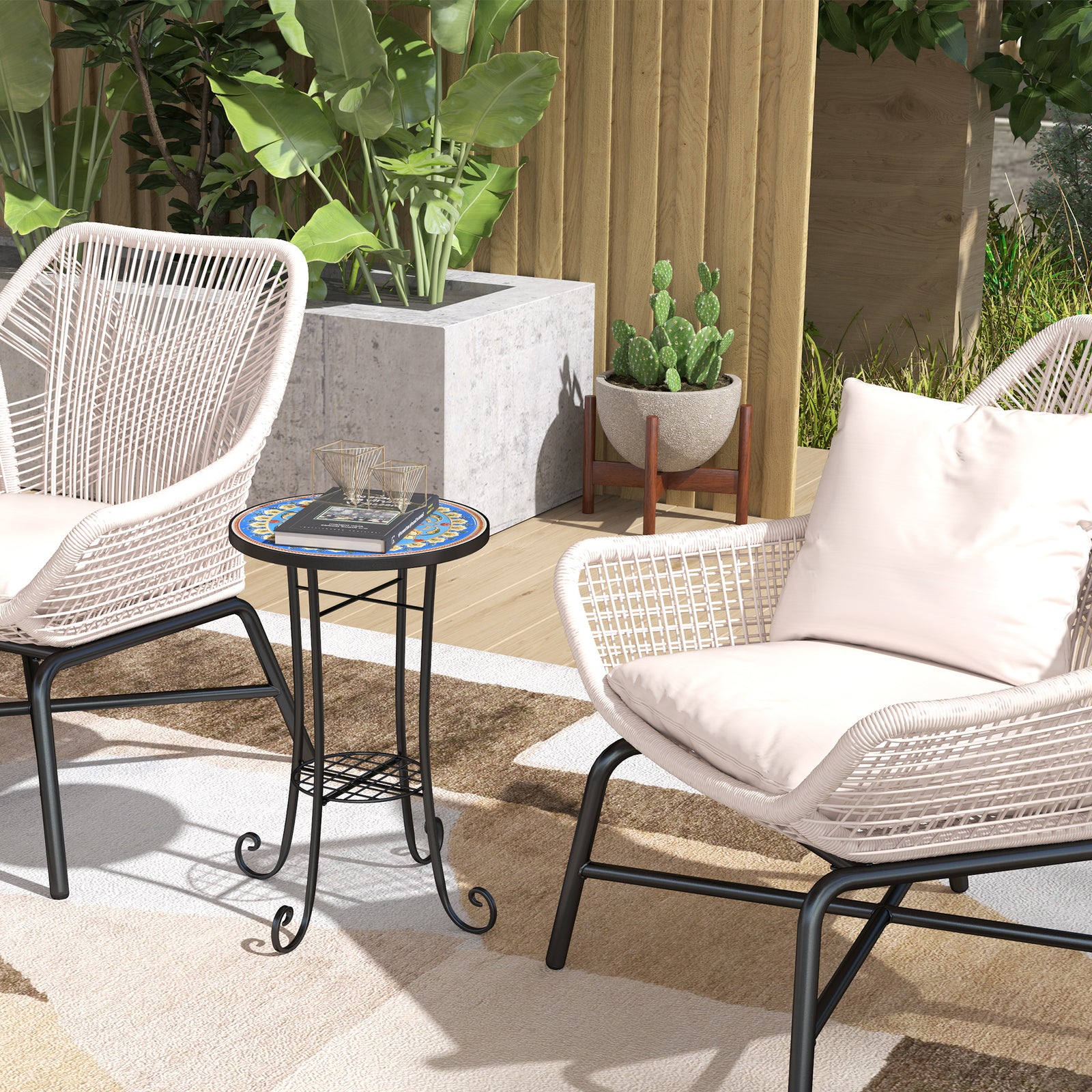 Mosaic Garden Table, 35.5 cm Round Outdoor Table with Shelf, Ceramic Tile Top, Small Garden Side Table Bistro Table End Table Plant Stand for Indoor, Patio, Balcony, Blue